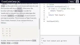Comparison with the equality operator - freeCodeCamp | Video 60 | Basic JavaScript