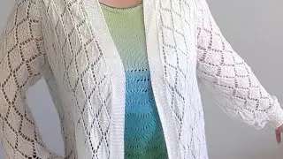 Ажурный кардиган спицами, реглан снизу