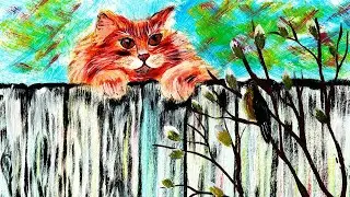 Как нарисовать мартовского кота гуашью. Кот на заборе красками. Кот охотник, поэтапно, гуашью.