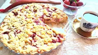 Pie, tart with rhubarb and strawberries.