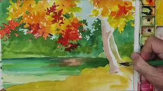 Watercolor landscape painting for beginners 水彩畫秋天風景