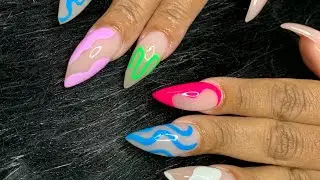 Quick fill, rebalance, natural shaped nails | swirly nail art
