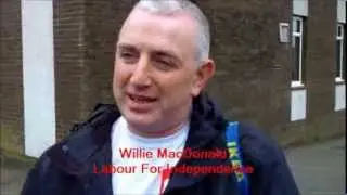 Willie MacDonald of Labour For Independence speaking at RIC mass leafleting of Lochside, Dumfries