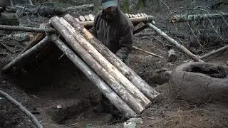 Buildings earth hut with Clay stone oven, moss roof, survivor skills, From start to finish