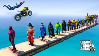 TEAM SPIDER-MAN Jump Over All Superheroes and Performing Motorcycle Stunts - GTA V MODS