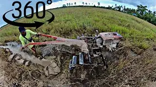 360° ,Two-wheeled tractor plowing the fields.