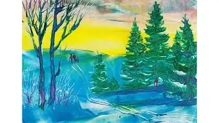 Как рисовать ЗИМНИЙ ПЕЙЗАЖ восковыми красками. Урок 70