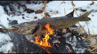 Winter Fishing First Ice Pike Cooking Fish on Fire Bushcraft