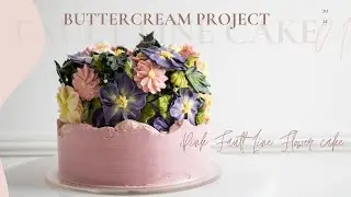 Pink Fault Line flower cake, 단층면케익,Four different flower piping and leaves, step by step arrangement