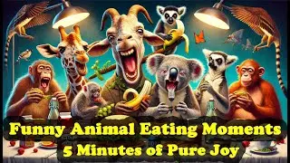 Cute little funny wild animals eating moments: Cow, Monkeys, dogs, horses, sheep, goat, Chicken, cat