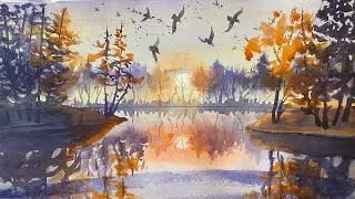 I paint a sunset with watercolors.