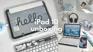 iPad 10 silver + accessories aesthetic unboxing  iPadOS 17 homescreen setup, cute keyboard 🤍