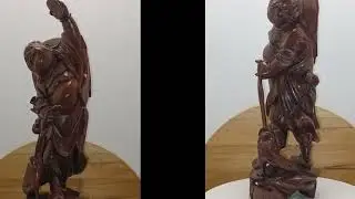 Pair of Carved Chinese Hardwood Early 1900s Figures Of Liu Hai w Chanchu Statues