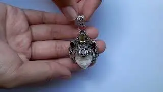 Sterling Silver, Carved Ox Bone, Mixed Gemstone,  Bali Goddess Pendant GJ 207