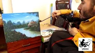 Рисование маслом домика у речки.