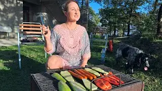 BBQ for breakfast. grilled vegetables and sausages. in a mountain village. Mila naturist. Kitchen.