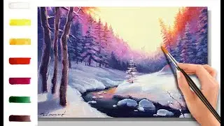 Warm winter sunset. Winter landscape. How yo paint🎨ACRYLIC tutorial DEMO