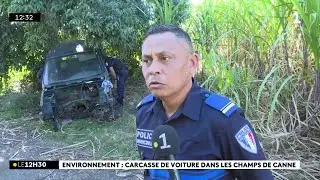 Saint-Pierre : une épave de voiture au milieu des champs de cannes.