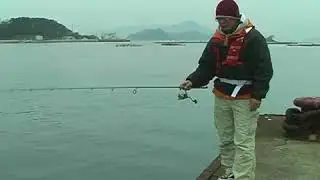Ловля рыбы на море с пирса.  Японец смешно комментирует