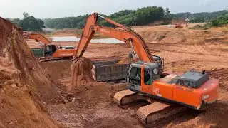 Two Giant Excavators Working On Big Construction Site, JCB Backhoe | Excavator Dump Truck