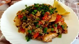 Paella with chicken. Delicious dinner in 30 minutes