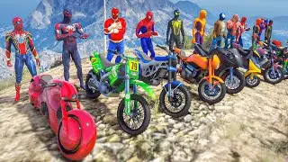ALL SPIDERMAN Suits Motorcycles Mountain Speed Jump Challenge Competition 