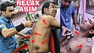 Burning cup therapy and body massage on asim barber  | asmr instrument chest and back body massage