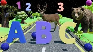 Funny Rolling Bowling Ball and Kinetic Sand Cartoon: Learn ABC, Numbers 1-10, Animals & Colors