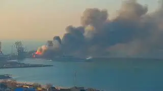 Russian Warship, in fire in Berdyansk today