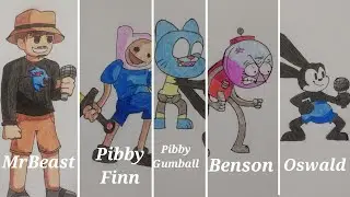 Drawing MrBeast, Pibby Finn, Pibby Gumball, Benson, Oswald | Friday Night Funkin