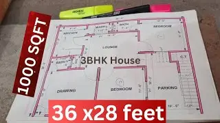 36 x 28 ghar ka design | 3 bhk house design | 1000 sqft house