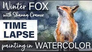 Winter Fox in Watercolor - time lapse watercolor painting of a happy fox in snow