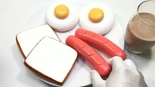【ASMR】朝食🥪クレイクラッキング【音フェチ】Breakfast clay cracking - Egg, Bread, Sausage 점토 부수기