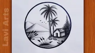 How to Easy Pencil Scenery in a circle,  step by step drawing for beginners | Pencil Scenery drawing