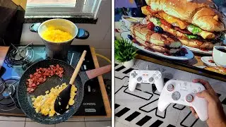 A typical morning for a gamer at home.