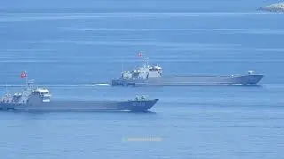 Turkish Navy convoy ships southbound Chios Strait during Efes 2022.