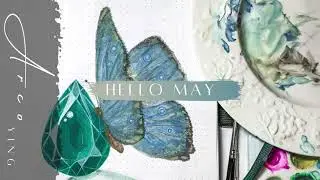 Gouache Drawing | Bullet Journal Cover | May 2021 | Blue butterfly | Emerald
