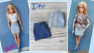 DIY denim mini skirt, top for Barbie/ Джинсовая мини юбка, топ для Барби  #clothesfordolls