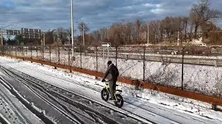 Riding an E-Bike in Queens NYC Winter Snow Feb 13, 2024- DJI Drone Follow- Relaxing ASMR for Sleep 💤
