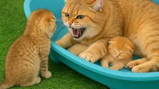 Pregnant cat takes care of newborn kittens, and hisses at others