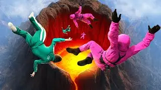 GTA 5 Squid Game Team Crazy Ragdolling into Volcano!