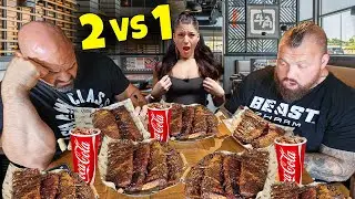 STRONGMEN VS 150LB PROFESSIONAL EATER Ft. Leah Shutkever | 15LBS OF RIBS FOOD CHALLENGE