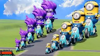 Big & Small Minion on a motorcycle vs Big & Small Evil Minion on a motorcycle vs Train BeamNG.Drive