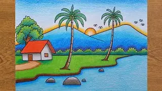 Cara Menggambar Pemandangan Gunung Sungai Yang Indah | Menggambar Pemandangan