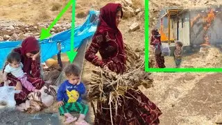 Homeless in mountains: mother and baby waiting for water and food