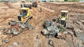Skills Bulldozer Working In Mud Pushing Cutting Soft Dirt Old KAMAS Dump Truck Unloading Dirt