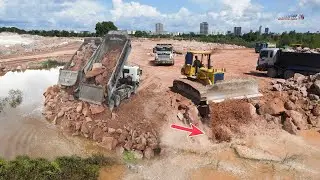 Amazing Filling Stone Project! Skill KOMATSU Bulldozers Show Technique Push To Clear Flooded Area