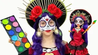 Sophia in a secret room makes Halloween makeup with magical colored paints