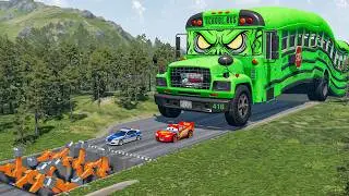 Giant BUS SCHOOL Eater VS Cars Lightning McQueen & Police Car & Hammer Downhill Race - Beamng.Drive