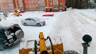 Уборка дворов от снега. Сосны.